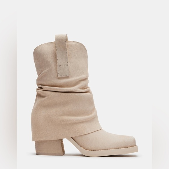 NEW Steve Madden Pia Suede Foldover Square Toe Block Heel Boots Natural Bone 6.5 - Picture 3 of 16